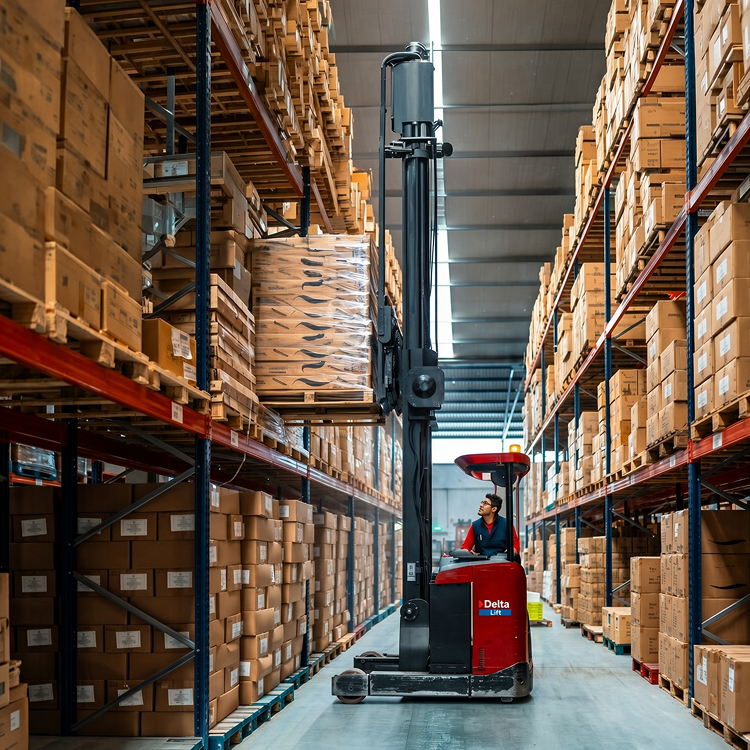 Forklift moving through a warehouse aisle