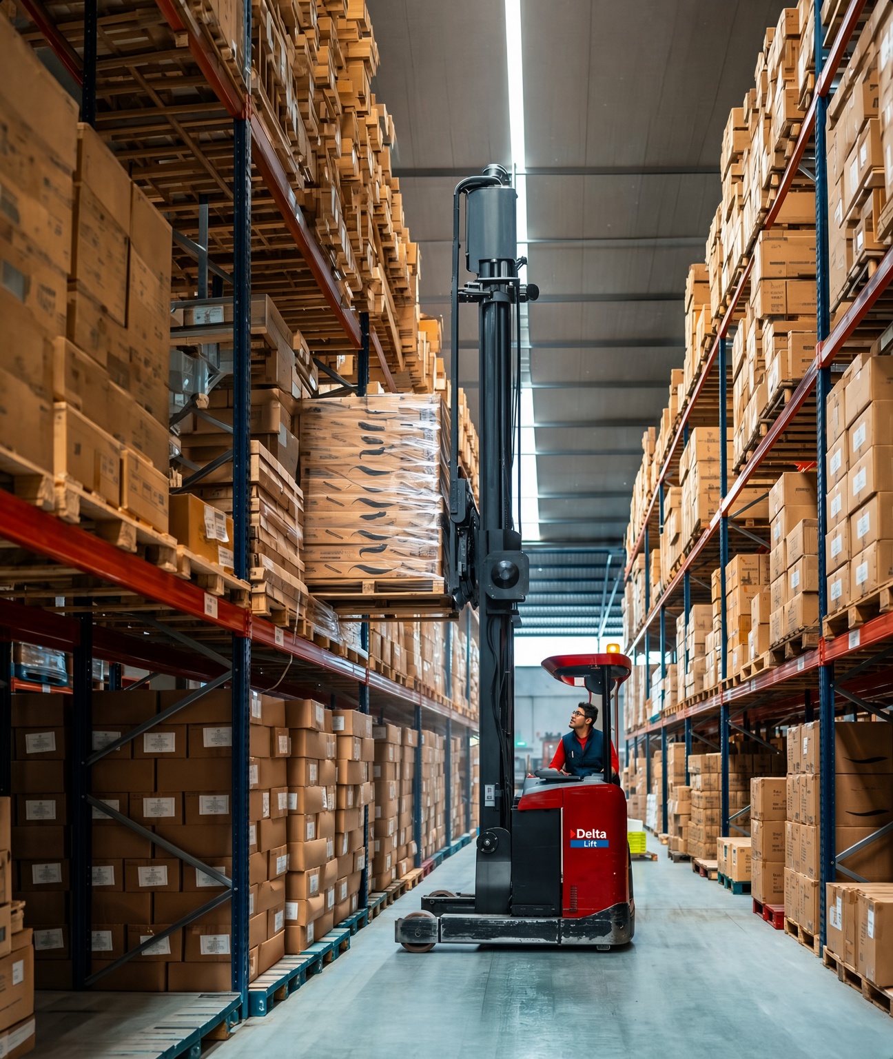 Forklift warehouse aisle with Delta equipment